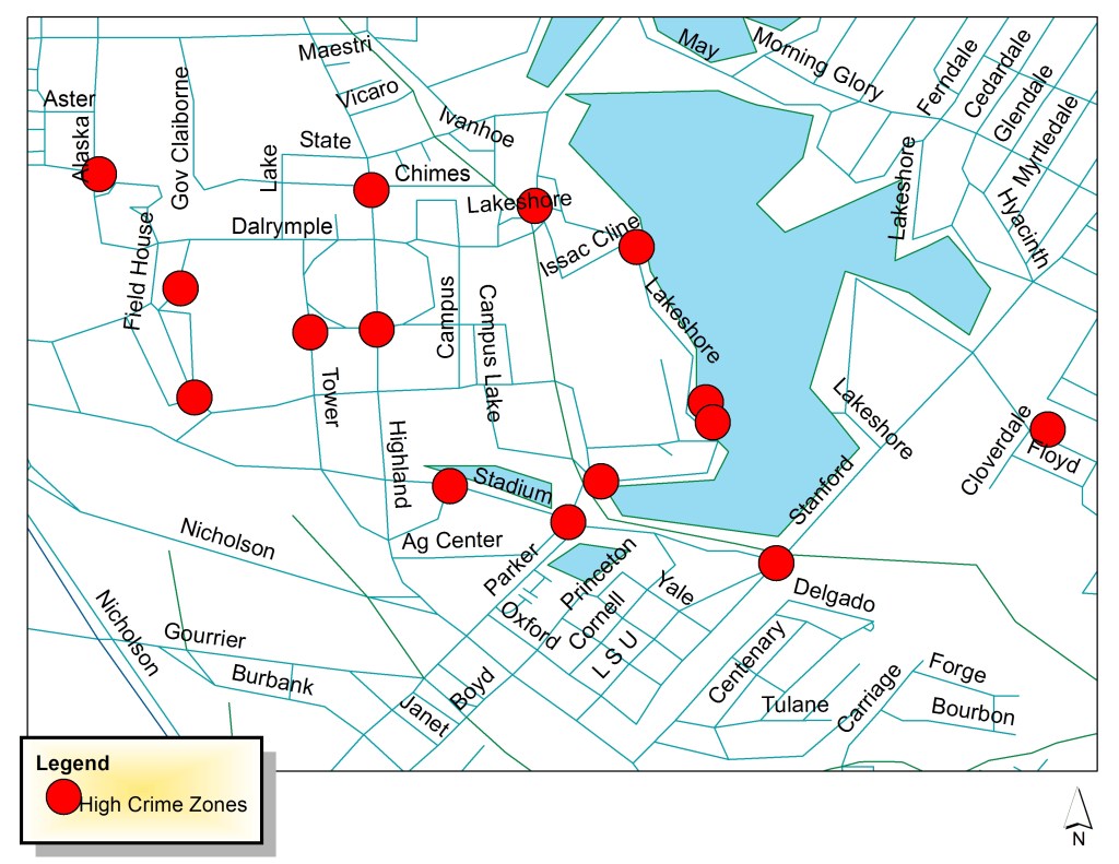 Above: A map illustrating areas where crimes have been committed more than once in a 100 meter radius since August 2013. Source: LSU PD.